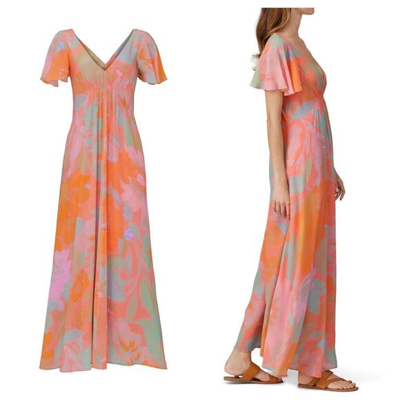 Veda Dress Corazon Maxi Multi Color Smocked Viscose Short Sleeve Pink Orange M - Picture 10 of 10